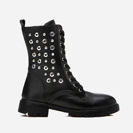 Siyah Kadın Zımbalı Düz Bot - Görsel 2