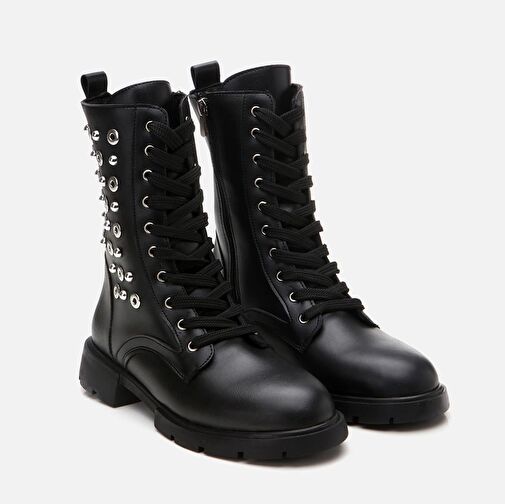 Siyah Kadın Zımbalı Düz Bot - Görsel 3