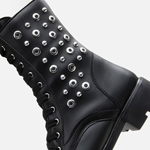 Siyah Kadın Zımbalı Düz Bot - Görsel 6