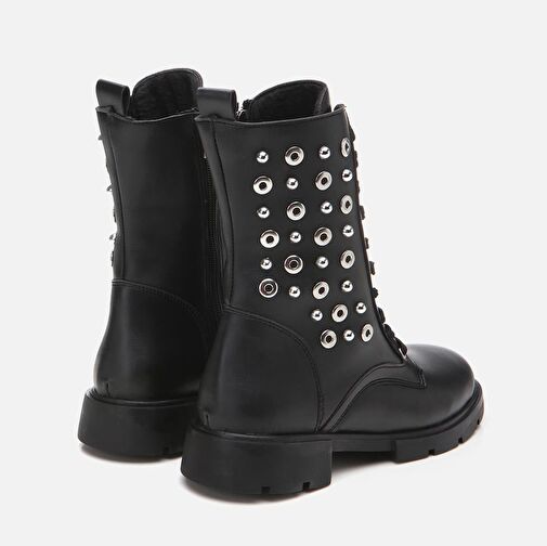 Siyah Kadın Zımbalı Düz Bot - Görsel 7