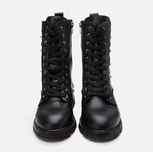 Siyah Kadın Zımbalı Düz Bot - Görsel 9