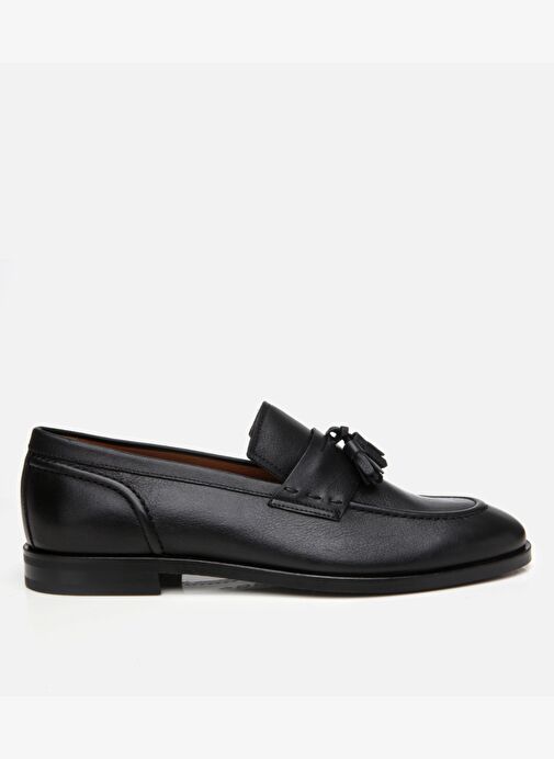 Erkek Deri Siyah Püskül Detaylı Klasik Loafer - Görsel 2