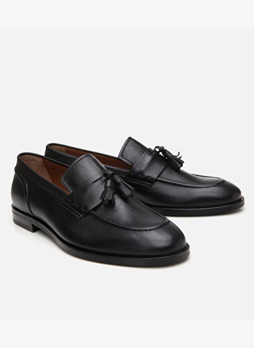 Erkek Deri Siyah Püskül Detaylı Klasik Loafer - Görsel 3