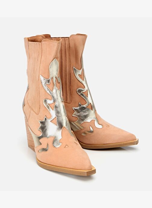 Kadın Süet Deri Bej Western Topuklu Bot - Görsel 3