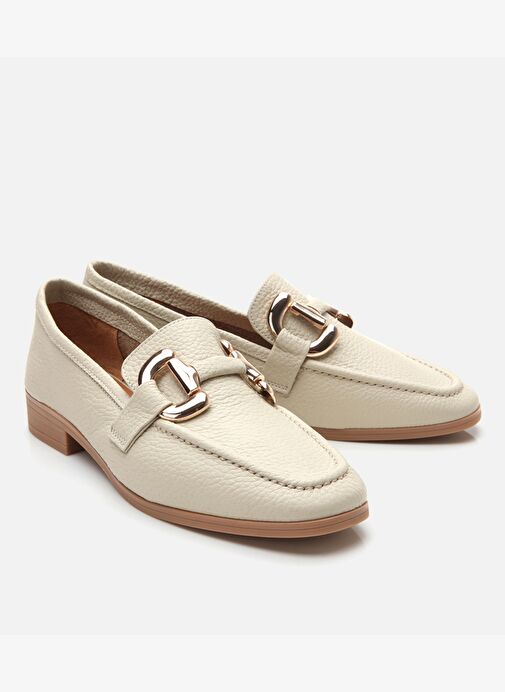 Kadın Deri Ekru Tokalı Günlük Loafer - Görsel 3