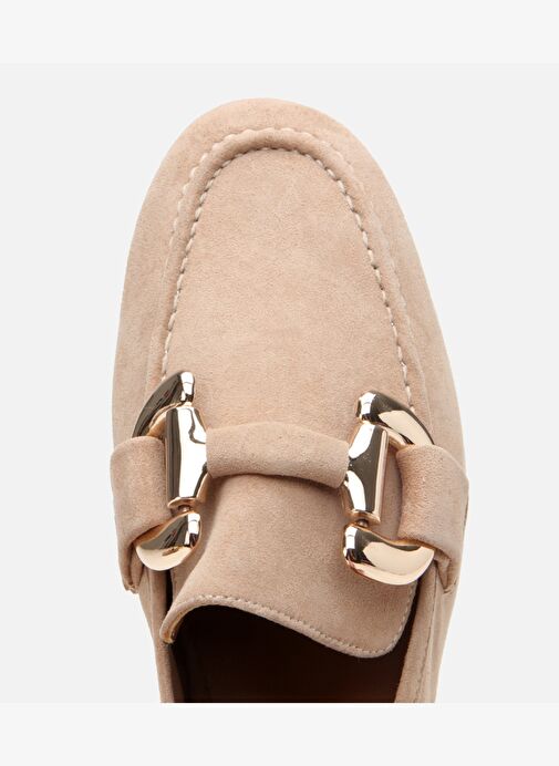 Kadın Süet Deri Bej Tokalı Günlük Loafer - Görsel 5