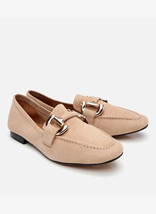 Kadın Süet Deri Bej Tokalı Günlük Loafer - Görsel 3
