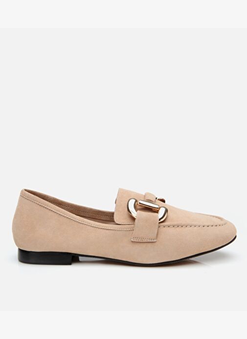 Kadın Süet Deri Bej Tokalı Günlük Loafer - Görsel 2