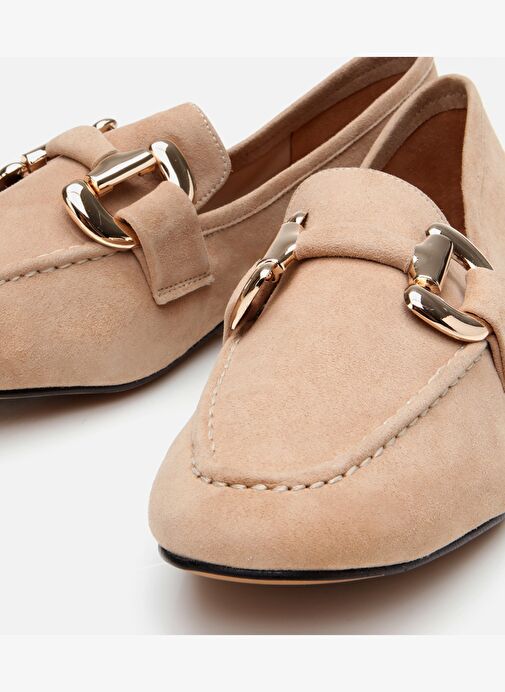 Kadın Süet Deri Bej Tokalı Günlük Loafer - Görsel 4