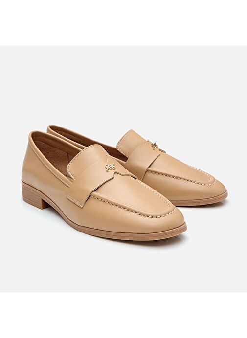 Kadın Deri Bej Logo Detaylı Loafer - Görsel 3
