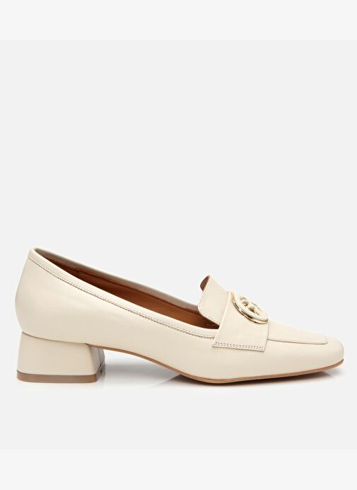 Kadın Deri Ekru Tokalı Kalın Topuklu Klasik Loafer - Görsel 2