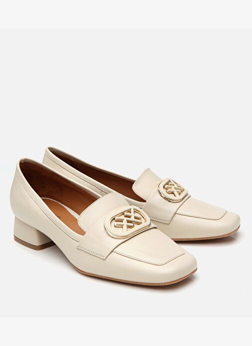 Kadın Deri Ekru Tokalı Kalın Topuklu Klasik Loafer - Görsel 3