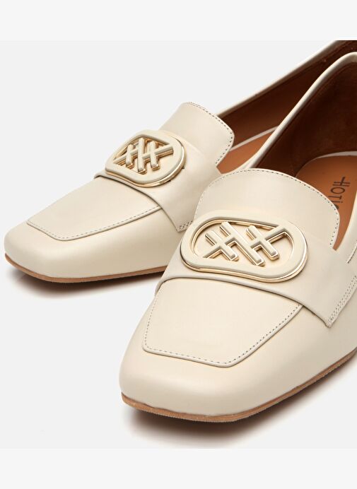 Kadın Deri Ekru Tokalı Kalın Topuklu Klasik Loafer - Görsel 4