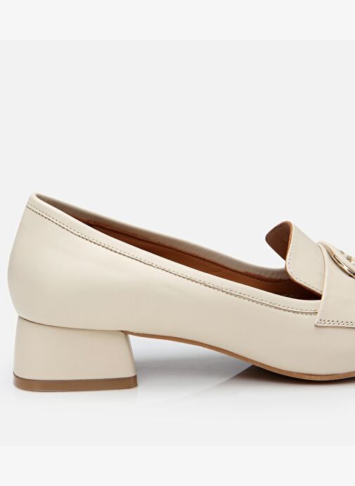 Kadın Deri Ekru Tokalı Kalın Topuklu Klasik Loafer - Görsel 5