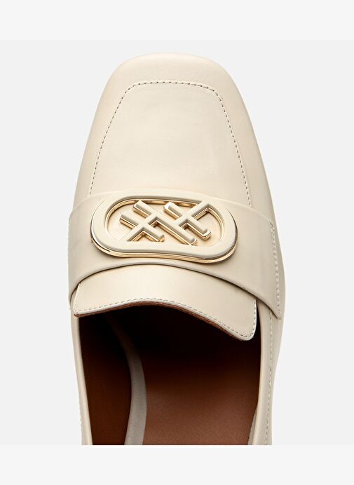 Kadın Deri Ekru Tokalı Kalın Topuklu Klasik Loafer - Görsel 6