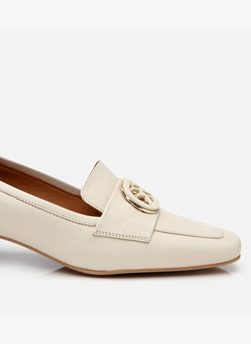 Kadın Deri Ekru Tokalı Kalın Topuklu Klasik Loafer - Görsel 7