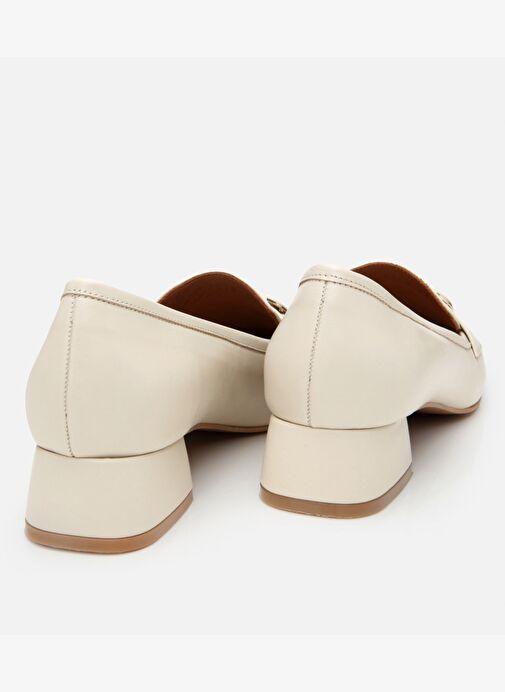 Kadın Deri Ekru Tokalı Kalın Topuklu Klasik Loafer - Görsel 8