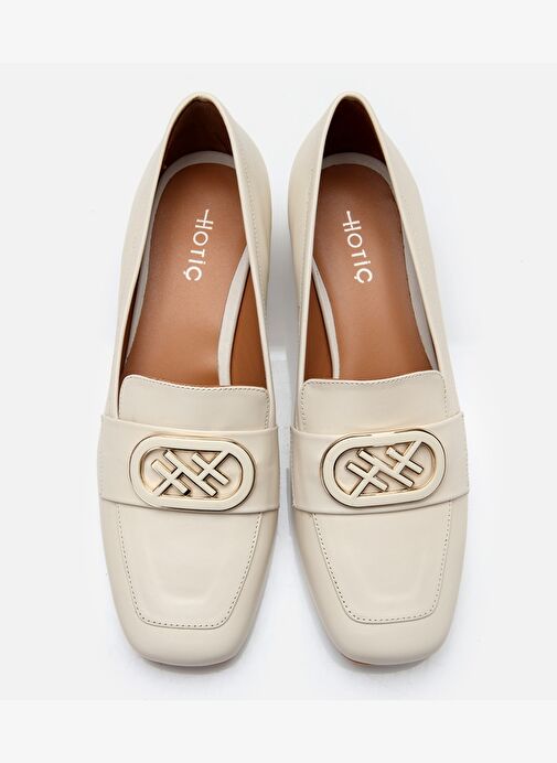 Kadın Deri Ekru Tokalı Kalın Topuklu Klasik Loafer - Görsel 9