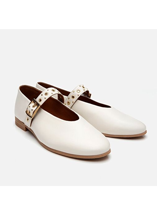 Kadın Deri Ekru Mary Jane Kemerli Babet - Görsel 3