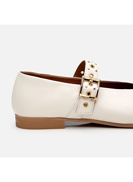 Kadın Deri Ekru Mary Jane Kemerli Babet - Görsel 4