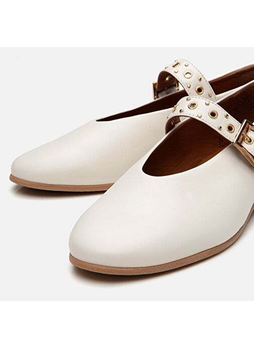 Kadın Deri Ekru Mary Jane Kemerli Babet - Görsel 5