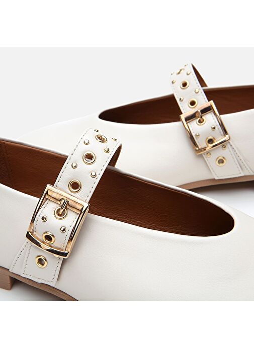 Kadın Deri Ekru Mary Jane Kemerli Babet - Görsel 7