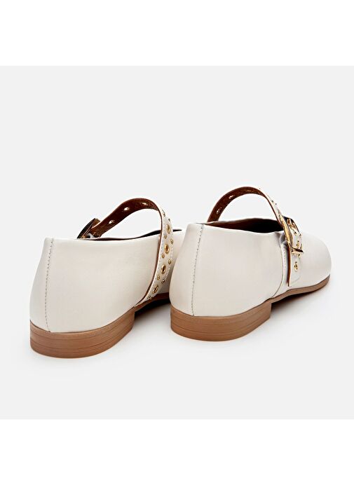 Kadın Deri Ekru Mary Jane Kemerli Babet - Görsel 8