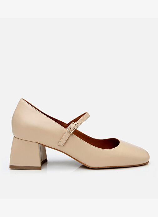 Kadın Deri Bej Mary Jane Kalın Topuklu Ayakkabı - Görsel 2
