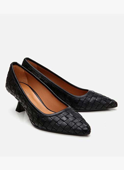 Kadın Deri Siyah Örgü Detaylı Stiletto - Görsel 3