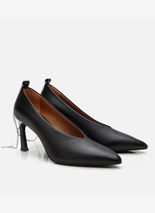 Kadın Deri Siyah Zincir Detaylı Stiletto - Görsel 3