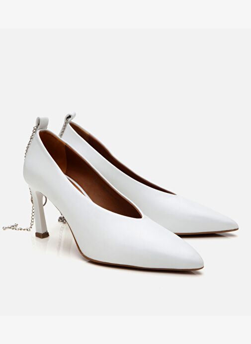 Kadın Deri Ekru Zincir Detaylı Stiletto - Görsel 3
