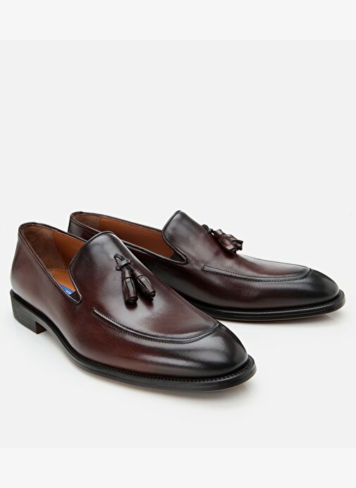 Erkek Deri Kahverengi Püskül Detaylı Klasik Loafer - Görsel 3