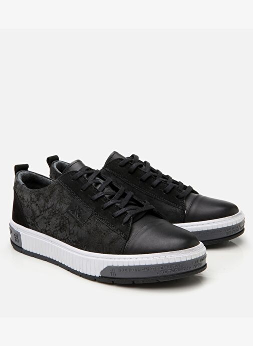 Erkek Deri Siyah Baskılı Spor Ayakkabı - Görsel 3