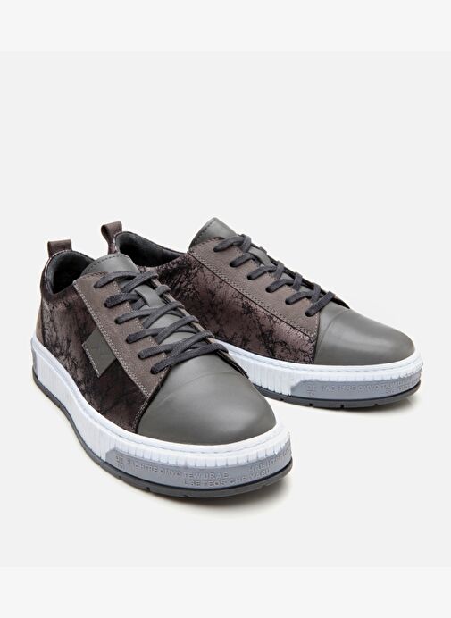 Erkek Deri Gri Baskılı Spor Ayakkabı - Görsel 3