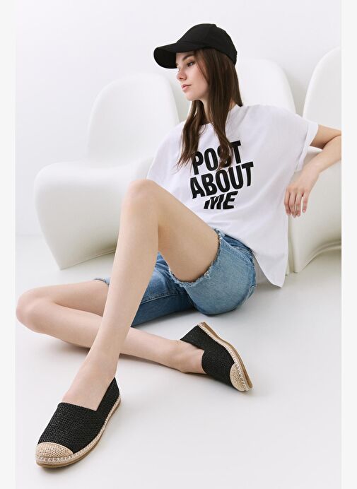 Kadın Siyah Çizgili Hasır Detaylı Espadril - Görsel 4