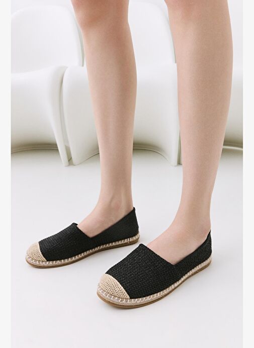 Kadın Siyah Çizgili Hasır Detaylı Espadril - Görsel 2