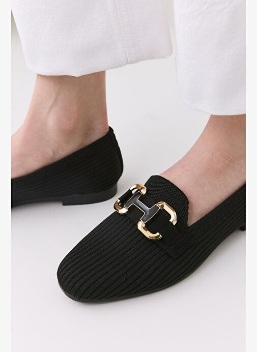 Kadın Siyah Örgü Detaylı Tokalı Günlük Loafer - Görsel 3