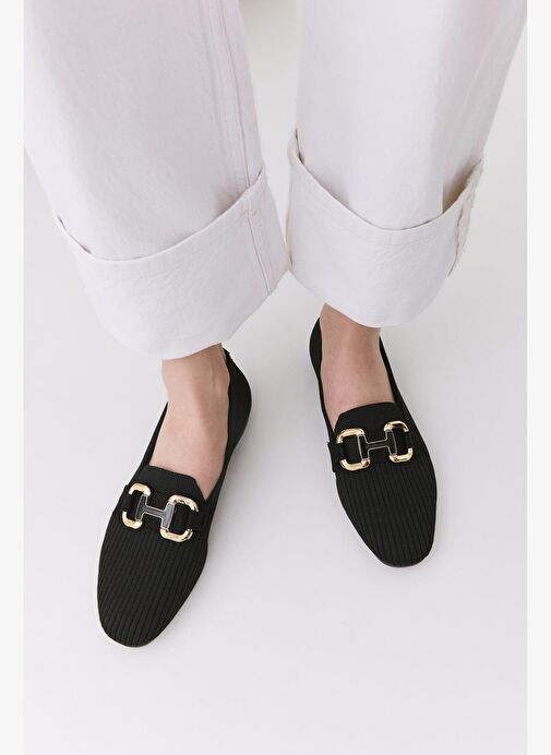 Kadın Siyah Örgü Detaylı Tokalı Günlük Loafer - Görsel 2
