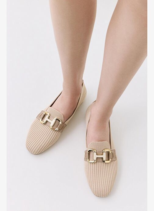 Kadın Bej Örgü Detaylı Tokalı Günlük Loafer - Görsel 3