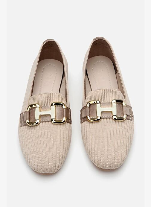 Kadın Bej Örgü Detaylı Tokalı Günlük Loafer - Görsel 9