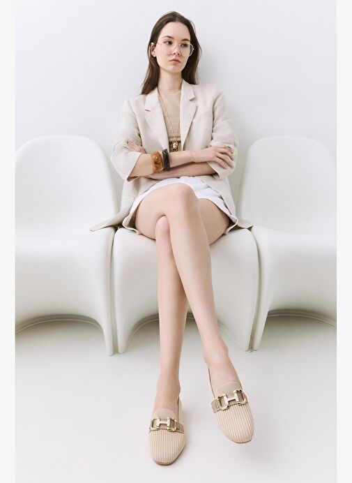 Kadın Bej Örgü Detaylı Tokalı Günlük Loafer - Görsel 2