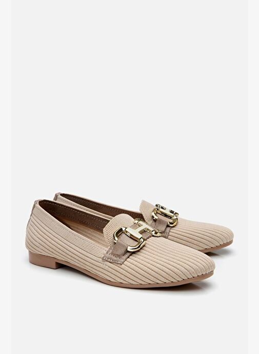 Kadın Bej Örgü Detaylı Tokalı Günlük Loafer - Görsel 6