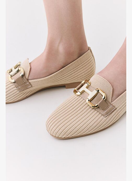 Kadın Bej Örgü Detaylı Tokalı Günlük Loafer - Görsel 4