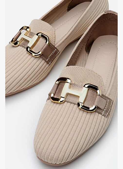 Kadın Bej Örgü Detaylı Tokalı Günlük Loafer - Görsel 7