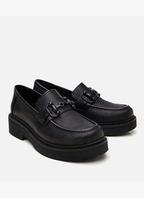 Kadın Deri Siyah Tokalı Klasik Loafer - Görsel 3