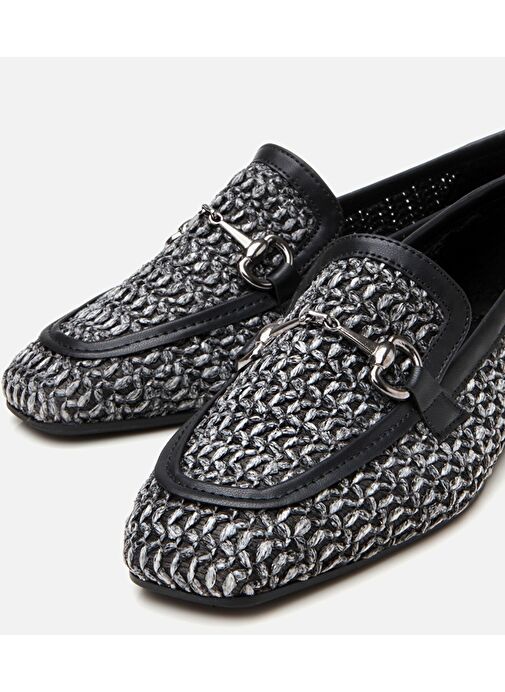 Kadın Siyah Tokalı Hasır Detaylı Babet - Görsel 4