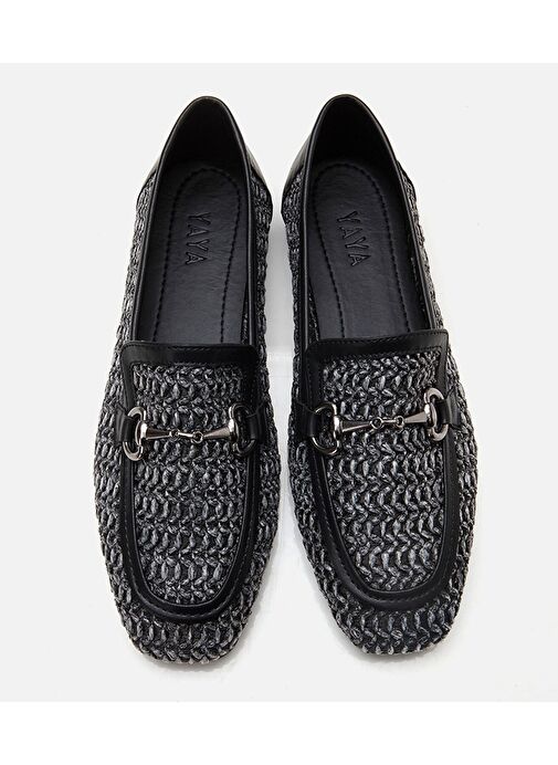 Kadın Siyah Tokalı Hasır Detaylı Babet - Görsel 6