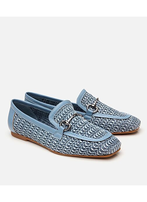 Kadın Mavi Tokalı Hasır Detaylı Babet - Görsel 3