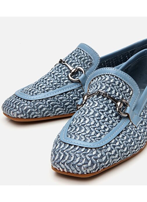 Kadın Mavi Tokalı Hasır Detaylı Babet - Görsel 4