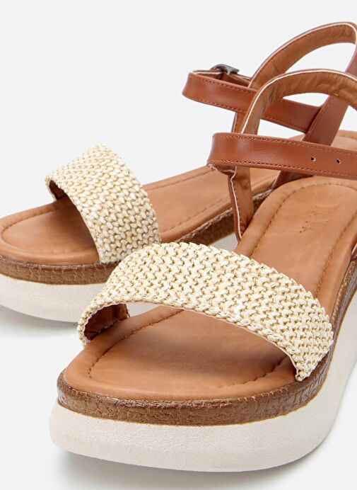 Kadın Bej Hasır Detaylı Comfort Düz Sandalet - Görsel 4